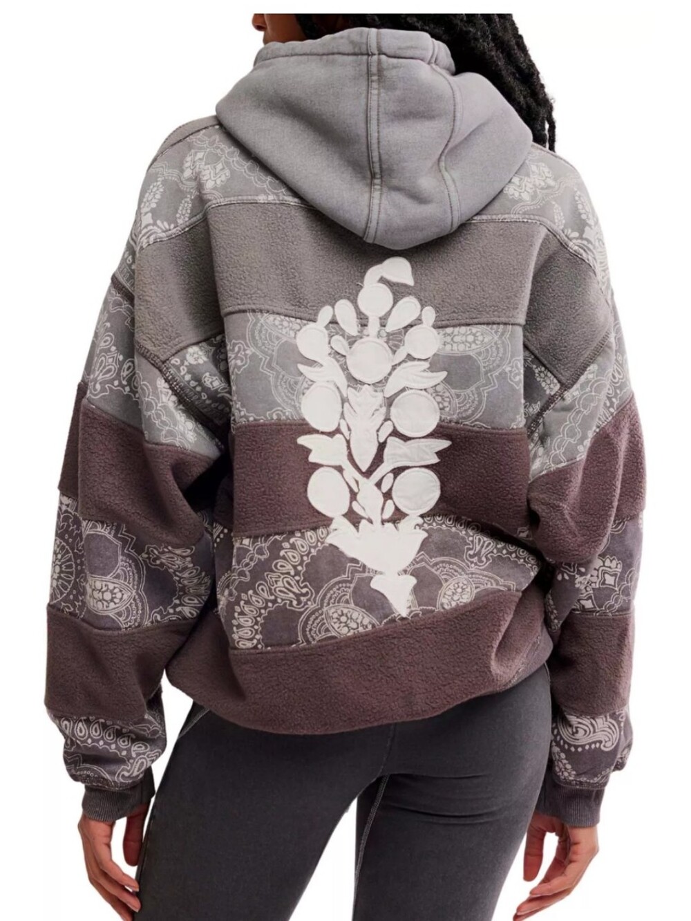 FP Movement by Free People Gray and Brown Patchwork Hooded Sweatshirt